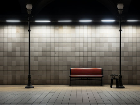 an empty subway station with a red bench sitting in front of a wallの素材