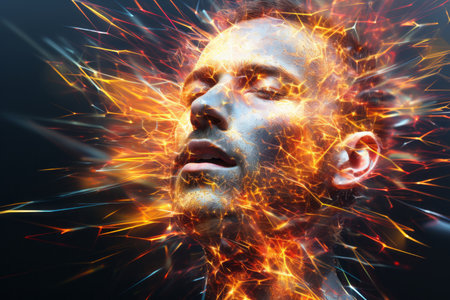 an image of a man with fire coming out of his headの素材