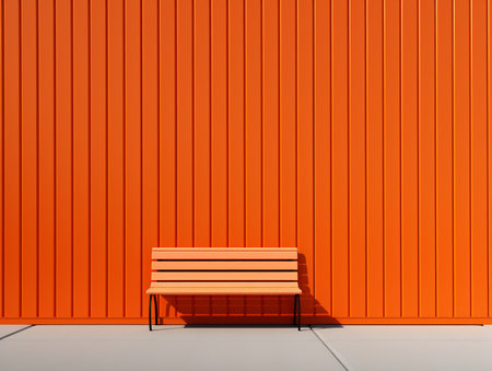 an orange wall with a bench sitting in front of itの素材