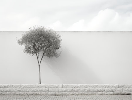 black and white photo of a lone tree in front of a white wallの素材
