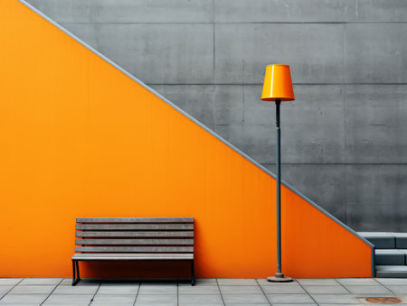 an orange wall and a wooden bench next to itの素材
