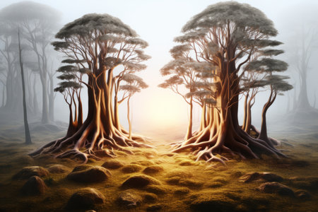 two trees in a foggy forest with the sun in the backgroundの素材