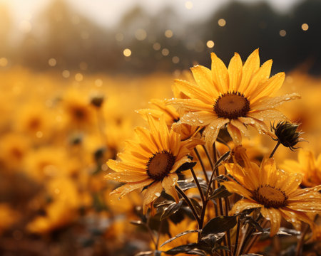 yellow sunflowers in a field with water dropletsの素材
