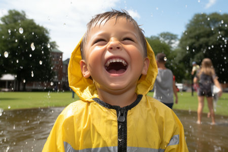 a young boy is laughing in the rainの素材