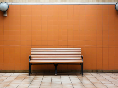 an empty bench in front of an orange wallの素材