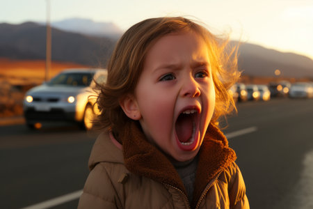a young girl with her mouth open on the side of the roadの素材