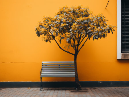 a tree and a bench in front of an orange wallの素材