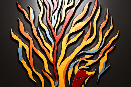 a colorful abstract painting of a fire tree on a black backgroundの素材