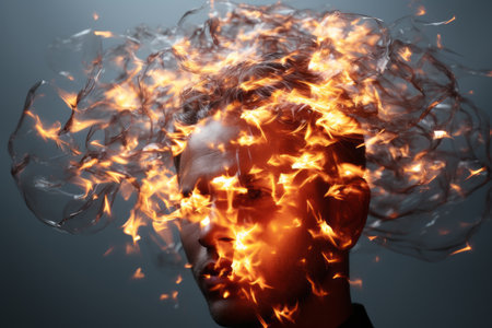 a man with fire coming out of his headの素材
