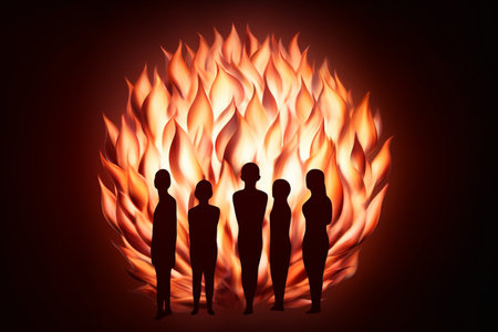 a group of people standing in front of a fireの素材