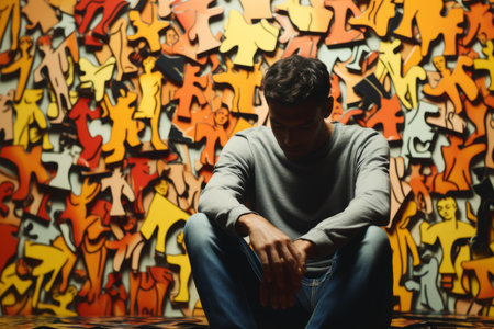 a man sitting on the floor in front of a colorful wallの素材