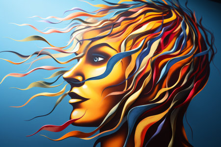 a painting of a womans face with colorful hairの素材