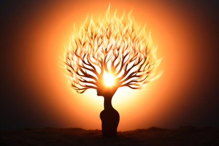 a silhouette of a woman standing in front of a burning treeの素材