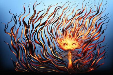 a painting of a cat with flames coming out of its headの素材