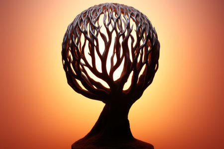 a tree shaped lamp on a table in front of an orange sunsetの素材