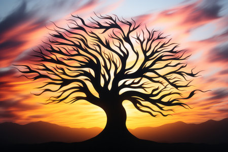 a silhouette of a tree with a sunset in the backgroundの素材