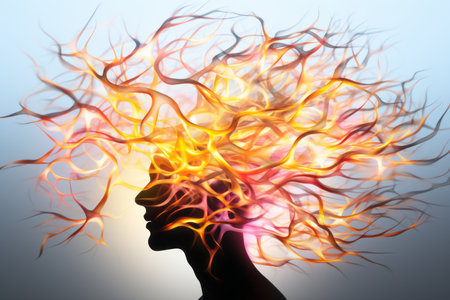 a silhouette of a womans head with fire coming out of her hairの素材