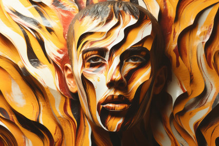 a womans face is painted with orange and yellow swirlsの素材