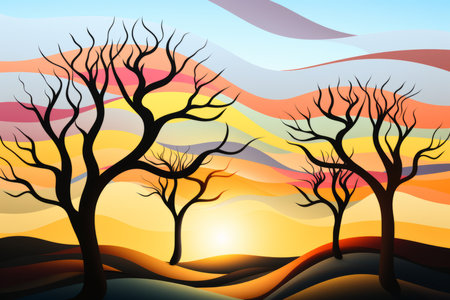 abstract landscape with bare trees at sunsetの素材