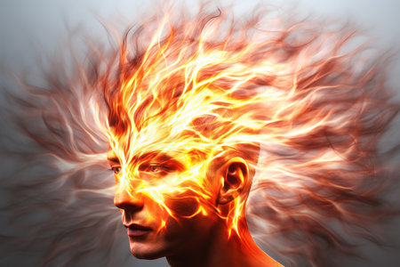 an image of a man with fire coming out of his headの素材