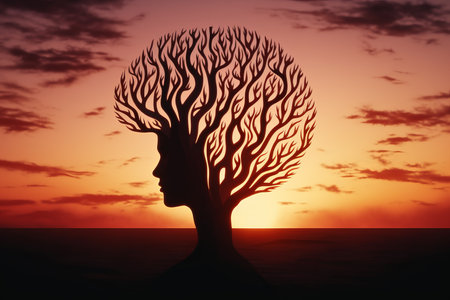 silhouette of a woman with a tree in her head at sunsetの素材