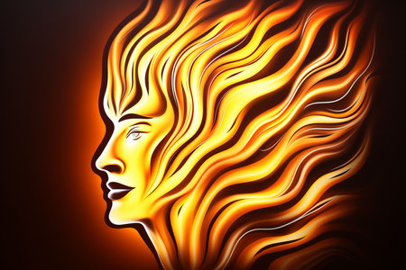 the face of a woman with flames coming out of her hairの素材