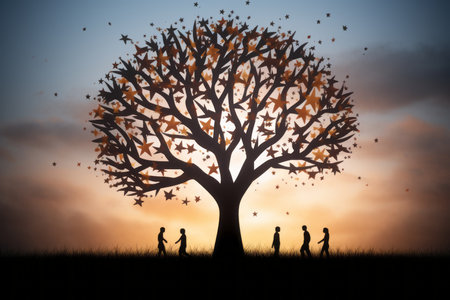 silhouette of people walking under a tree at sunsetの素材