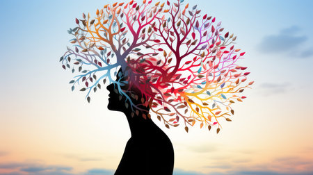 silhouette of a woman with colorful trees in her headの素材