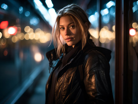 a beautiful blonde woman standing in front of a train at nightの素材