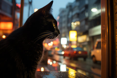 a black cat looking out a windowの素材