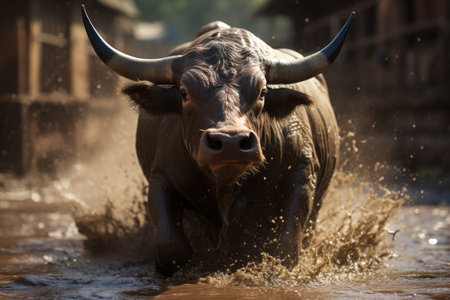 a bull is running through a muddy areaの素材