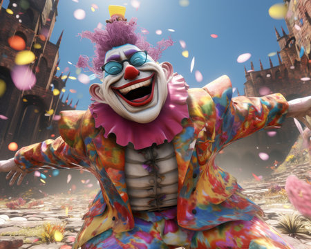 a clown in colorful clothes is standing in the middle of confettiの素材