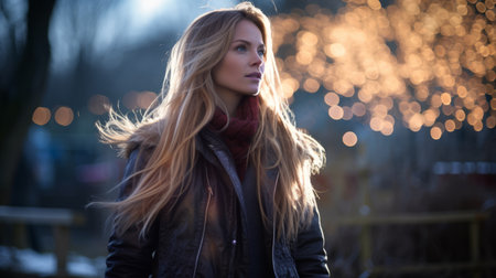 a beautiful young woman with long hair standing in front of lightsの素材