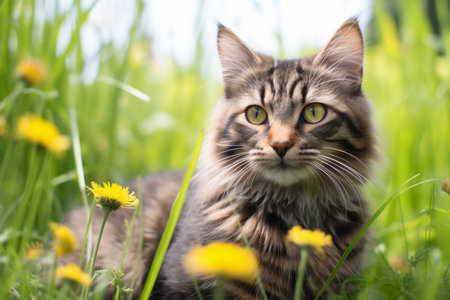 a cat is sitting in the grass with yellow flowersの素材