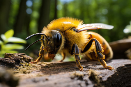 a close up of a bee on a log in the woodsの素材