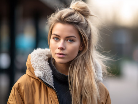 a beautiful young woman with long hair in a coatの素材