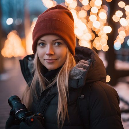 a beautiful young woman with a camera in front of christmas lightsの素材