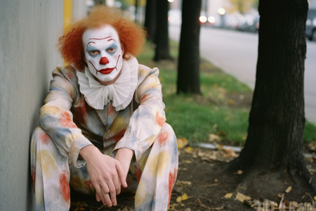 a clown sitting on the ground next to a treeの素材