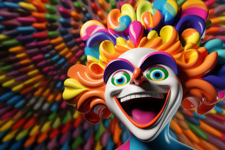 a close up of a clown with colorful hairの素材