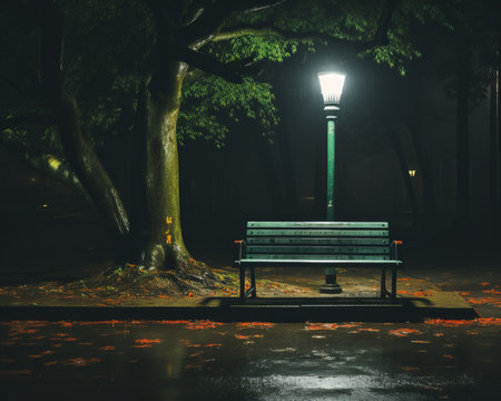 a green bench sitting under a tree at nightの素材