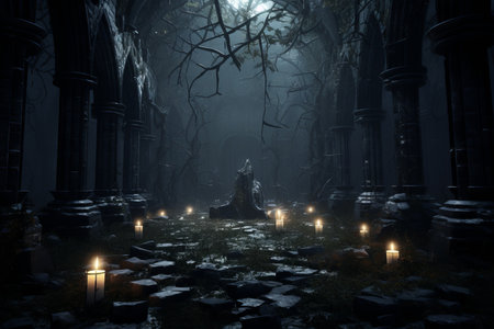 a dark and creepy scene with candles in the middle of itの素材