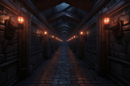 a dark hallway with lights on the wallsの素材