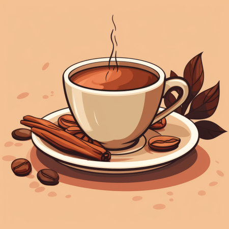 a cup of coffee with cinnamon and coffee beansの素材