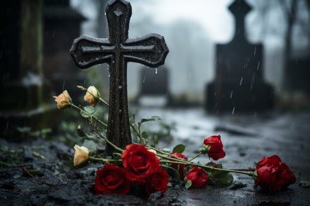 a grave with red roses and a cross in the rainの素材