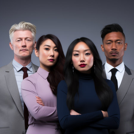 a group of people in suits and ties standing in front of a gray backgroundの素材