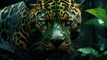 a jaguar in the rain with green eyesの素材
