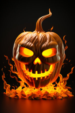a halloween pumpkin with glowing eyes on a black backgroundの素材