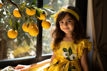 a little girl sitting on a window sill next to an orange treeの素材