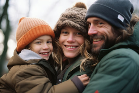 a man and woman with a child in a winter hatの素材