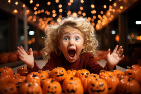 a little girl with her mouth wide open surrounded by pumpkinsの素材